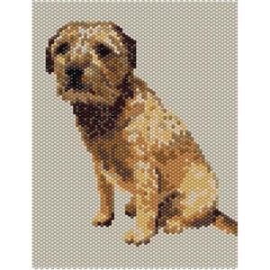 May include: A mosaic-style image of a dog, rendered in shades of brown, beige, and black. The dog is depicted sitting, with its head turned slightly. The background is a pale beige. The image is composed of small, square tiles.
