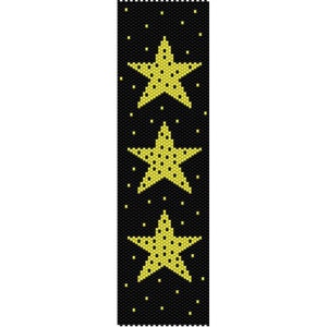 May include: Black and yellow beaded bracelet with a repeating pattern of three yellow stars on a black background.