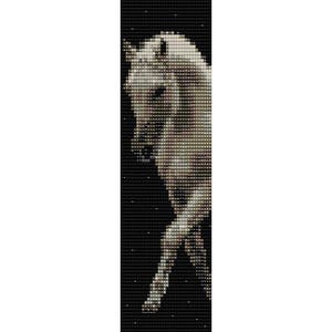May include: A white horse against a black background. The horse is facing the left side of the image and its head is tilted down. The horse's mane and tail are not visible in the image.