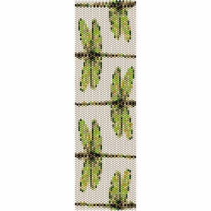May include: A beaded pattern of green, brown, and white dragonflies on a white background.