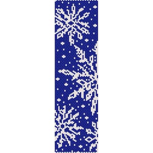 May include: A blue and white beaded bracelet with a snowflake pattern. The bracelet is made with small, round beads and features a repeating design of snowflakes.