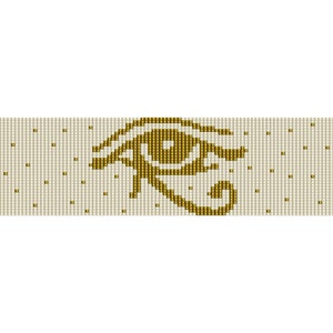 May include: A gold-colored Egyptian Eye of Horus symbol on a white background with a subtle speckled pattern.