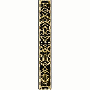 May include: A black and gold beaded bracelet with a geometric pattern.