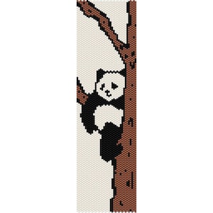 May include: A black and white panda bear is climbing a brown tree branch. The panda is facing the right side of the image. The background is white.