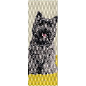 May include: A beaded pattern of a gray dog with a pink tongue sticking out, sitting on a yellow and white background.