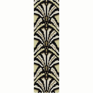 May include: A black and white beaded bracelet with a geometric pattern in gold and cream colors. The pattern is reminiscent of Art Deco style.