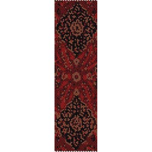 May include: A beaded bracelet with a red, black and brown geometric pattern.