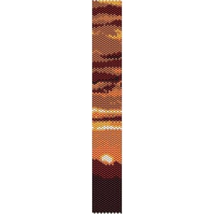 May include: A beaded bracelet with a sunset design. The bracelet features shades of orange, yellow, red, and brown.