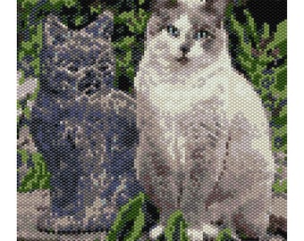 Cat with Blue Cat Statue Tapestry Peyote Bead Pattern, Cat Wall Art Seed Beading Pattern, Miyuki Delica Size 11 Beads - PDF Instant Download