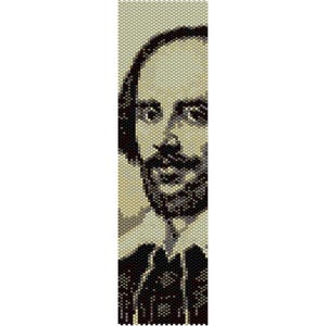 Puede incluir: Un retrato de William Shakespeare hecho con cuentas, que presenta una representación detallada de su rostro y barba. La obra de arte utiliza un patrón de mosaico con tonos beige, negro y marrón, creando un efecto texturizado. El retrato está orientado verticalmente.