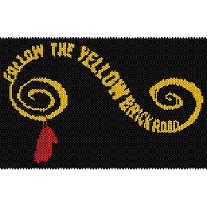 May include: A black beaded design with a gold beaded spiral and the text "Follow the Yellow Brick Road".