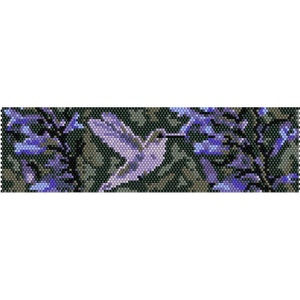 May include: A purple hummingbird in flight, with its beak extended towards a cluster of purple flowers. The hummingbird is surrounded by a dark green background with hints of blue and white.