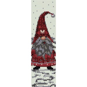 Peut inclure: Un gnome rouge avec une barbe blanche et un chapeau rouge se tient dans un paysage enneigé. Le gnome porte un manteau rouge et des bottes noires. L'arrière-plan est de couleur vert clair avec des flocons de neige blancs.