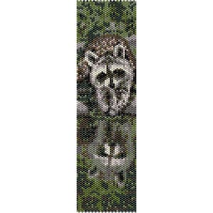 May include: A beaded artwork depicting a raccoon. The design uses grey, white, and brown beads to create the raccoon against a backdrop of green and brown beads. The artwork has a vertical orientation, with a pixelated texture.