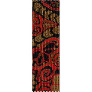 May include: A beaded bookmark with a repeating pattern of red, black, and brown shapes. The design includes swirls, geometric shapes, and a floral-like motif. The bookmark is rectangular and appears to be made of small beads.