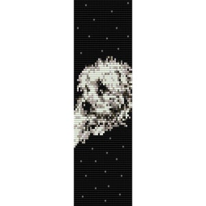May include: A white fluffy dog with black eyes looking to the right. The dog is against a black background with white dots.