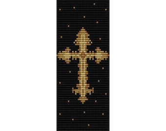Gold Cross Loom Bead Pattern, Bracelet Cuff, Bookmark, Seed Beading Pattern Miyuki Delica Size 11 Beads - PDF Instant Download
