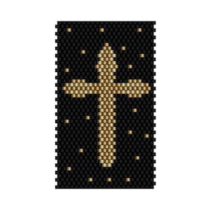 May include: A gold cross with a black background. The cross is made of small beads and has a detailed design. The background is covered in small white dots.