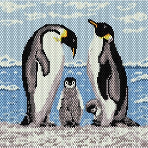 Può includere: Tre pinguini in piedi su una superficie innevata con un oceano blu alle loro spalle. I due pinguini più grandi sono neri e bianchi con becchi gialli, e il pinguino più piccolo è grigio con un becco nero.