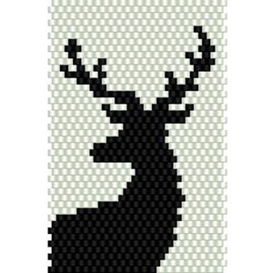 May include: Black and white pixelated image of a deer with antlers. The deer is facing right and is outlined in black against a white background.