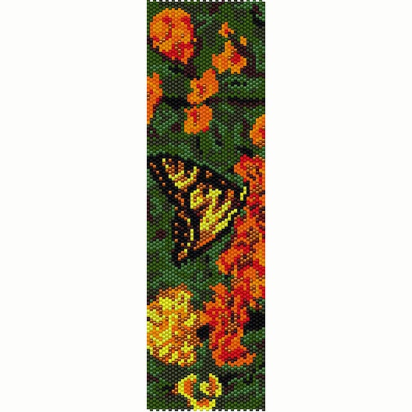Butterfly on Orange Flowers Peyote Bead Pattern, Bracelet Cuff, Bookmark, Seed Beading Pattern, Delica Size 11 Beads - PDF Instant Download