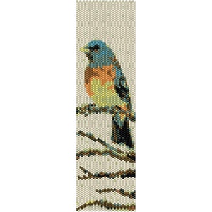 May include: A beaded bird with blue, green, and orange feathers perched on a branch. The background is a light beige color.