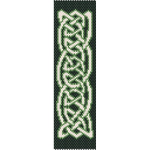 May include: A beaded Celtic knot pattern in white and green on a dark green background. The design features a repeating vertical pattern of intricate knotwork, a traditional Celtic motif. The beads create a textured effect.