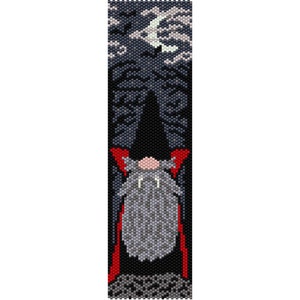 May include: A beaded gnome with a red hat and beard, against a black background with a white crescent moon and clouds.