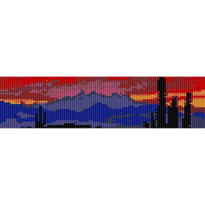 May include: A pixelated image of a desert sunset with mountains in the background and tall cacti in the foreground. The sky is a vibrant red, orange, and yellow. The mountains are a dark blue, and the cacti are black.