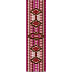 May include: A beaded bracelet featuring a geometric design in shades of pink, brown, and white.