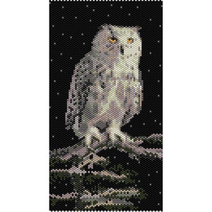 May include: A white snowy owl with yellow eyes perched on a branch against a dark background with white stars.