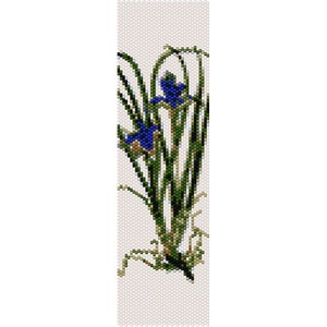 May include: A beaded pattern of blue irises with green leaves on a white background.
