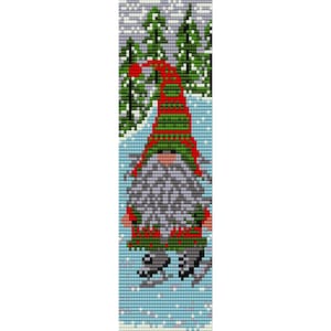 May include: A gnome wearing a red and green hat and a green coat is ice skating on a blue and white background. There are trees in the background.