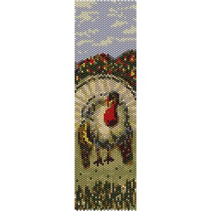 May include: A beaded bookmark with a colorful image of a turkey in a field with a blue sky. The text "Happy Thanksgiving" is at the bottom of the bookmark.