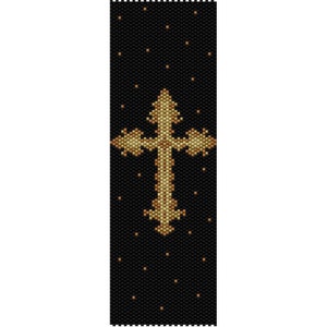 Puede incluir: Un marcapáginas de cuentas con una cruz dorada sobre un fondo negro. La cruz está centrada y detallada, con un aspecto texturizado. Pequeñas cuentas doradas dispersas crean un sutil efecto de estrellas. El marcapáginas es rectangular.