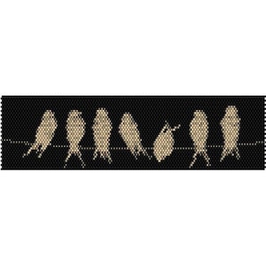 May include: A row of eight beige birds silhouetted against a black background, perched on a thin wire.
