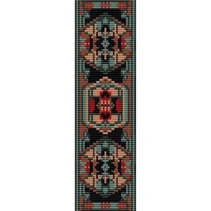 May include: A rectangular, patterned design featuring a repeating geometric motif. The design incorporates a palette of black, teal, red, and tan. The pattern is symmetrical, with a central rectangular shape and repeating floral-like elements.