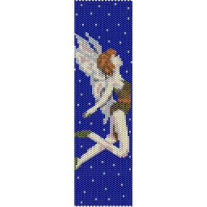 May include: A beaded bracelet with a blue background and white stars. A white fairy with brown hair and green wings is flying in the center of the bracelet.