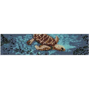 May include: A beaded pattern of a sea turtle swimming in a blue and green ocean. The turtle is brown with a light brown shell.