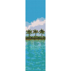 Puede incluir: Un patrón de cuentas que representa una escena tropical con tres palmeras en una pequeña isla, un cielo azul con una nube blanca y un océano azul y verde.