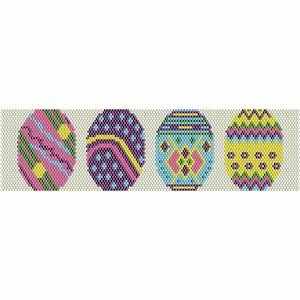 May include: Four colorful Easter eggs with different patterns. The eggs are pink, purple, blue, and yellow with green, white, and black accents.