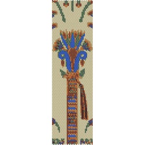 May include: A beaded pattern with a beige background, featuring a blue and brown design with a central column and a decorative top. The pattern is reminiscent of ancient Egyptian art.