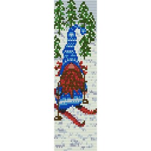 May include: A gnome wearing a blue and white hat and blue and white ski suit is skiing down a snowy hill. The gnome has red hair and a brown beard. There are green trees in the background.