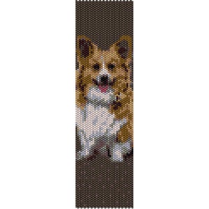 May include: A beaded pattern of a brown and white corgi dog with a pink tongue sticking out. The dog is sitting and looking at the viewer. The background is a dark brown color.