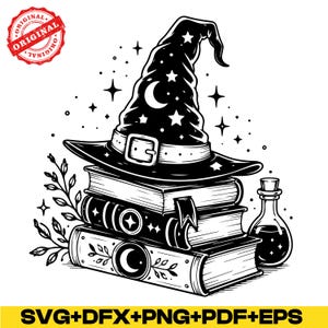 May include: A black and white graphic illustration featuring a pointed witch hat adorned with stars and a crescent moon, resting atop a stack of three books. A small glass potion bottle and a leafy branch are positioned next to the books.