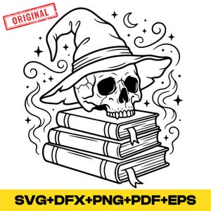Wizard Hat with Skull & Spell Books SVG PNG DXF, Magical Witch Hat Clipart, Fantasy Book Stack Cut File for Cricut and Silhouette,