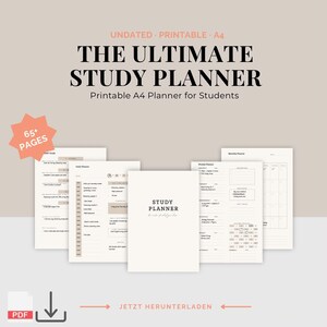 Könnte beinhalten: Ein undatierter, druckbarer A4-Studienplaner mit über 65 Seiten. Das Set enthält ein Deckblatt mit der Aufschrift STUDY PLANNER sowie Tages-, Wochen- und Monatsplanungsblätter mit schwarzem Text auf hellem Hintergrund. PDF-Symbol ist sichtbar.