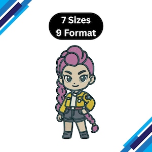 Puede incluir: Personaje de dibujos animados bordado con un peinado morado, que lleva una chaqueta amarilla, pantalones cortos grises y una camisa blanca. La imagen incluye el texto "7 Sizes 9 Format" en un óvalo negro.