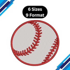 May include: A baseball design with red stitching and a red outline. The baseball is light gray with red stitching. The image includes the text "6 Sizes 9 Format" in a black oval.