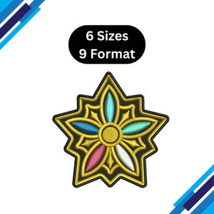 Puede incluir: Parche bordado con un diseño de flor en forma de estrella con contorno dorado, fondo negro y pétalos coloridos en azul, verde, rosa y blanco. El texto "6 Sizes 9 Format" está en un óvalo negro.